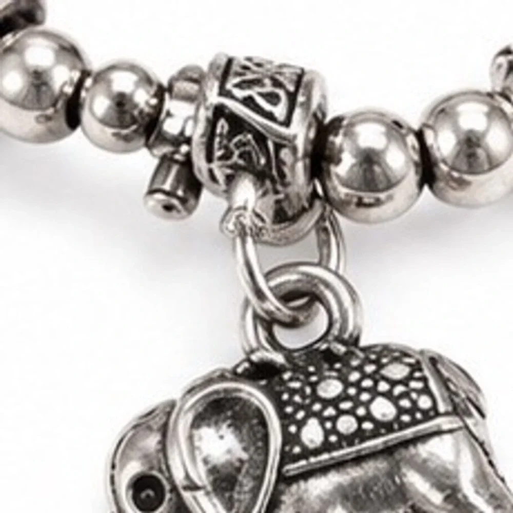 Bohemian Oxidized Silver Tone Elephant Charm Stretch Bead Bracelet Womens